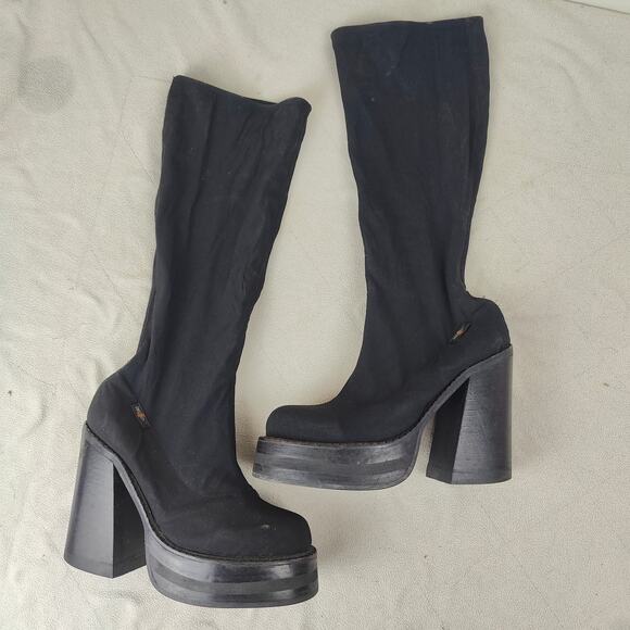 Vintage Y2K Destroy Chunky Boots Womens 37 38‎ Black Sock Platform Heels - Picture 1 of 11